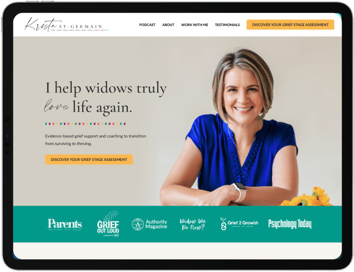 A woman in a blue dress sits at a table, smiling, next to text promoting grief support for widows and a button for a grief stage assessment. Logos of media features appear below.